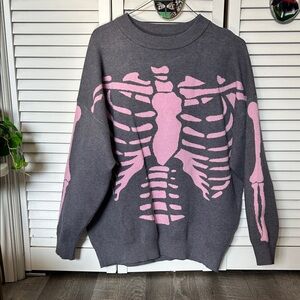 Gray Oversized Sweater with Pink Skeleton Design